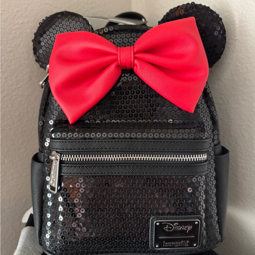 Loungefly Black Sequin Backpack with Red Bow and Ears